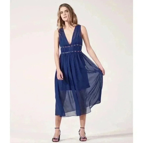 Sandro Paris Midi Dress 2 Vneck Marine Blue Sheer Sleeveless Metallic Stars $495 - Picture 1 of 14